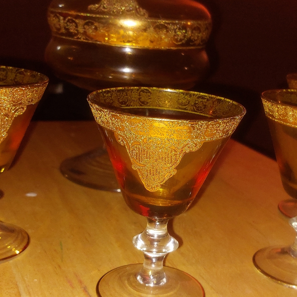 Vintage gold filigree decanter set